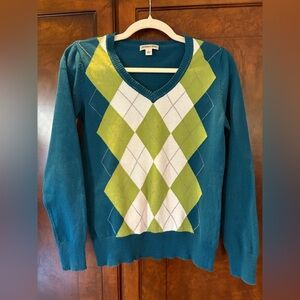 St. John's Bay Teal and Lime V-Neck Argyle Sweater